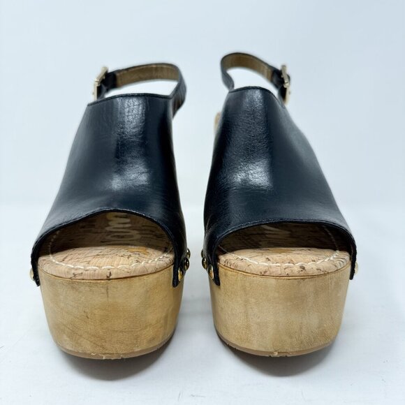 Sam Edelman Chunky Platform Sandals Womens 8.5M Black Leather Slingback Peep Toe - Picture 2 of 12